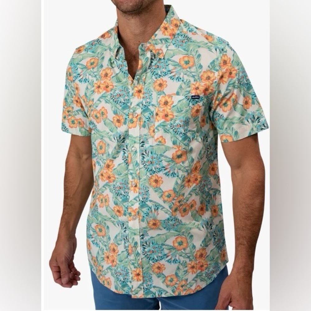 Chubbies Shirt Mens Small White Green The Flower The Leader Seersucker Floral